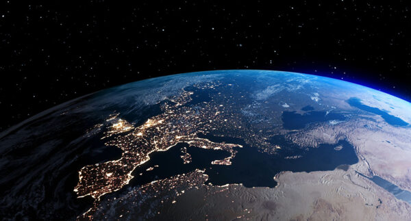 Planet earth with realistic geography surface and orbital 3D clo